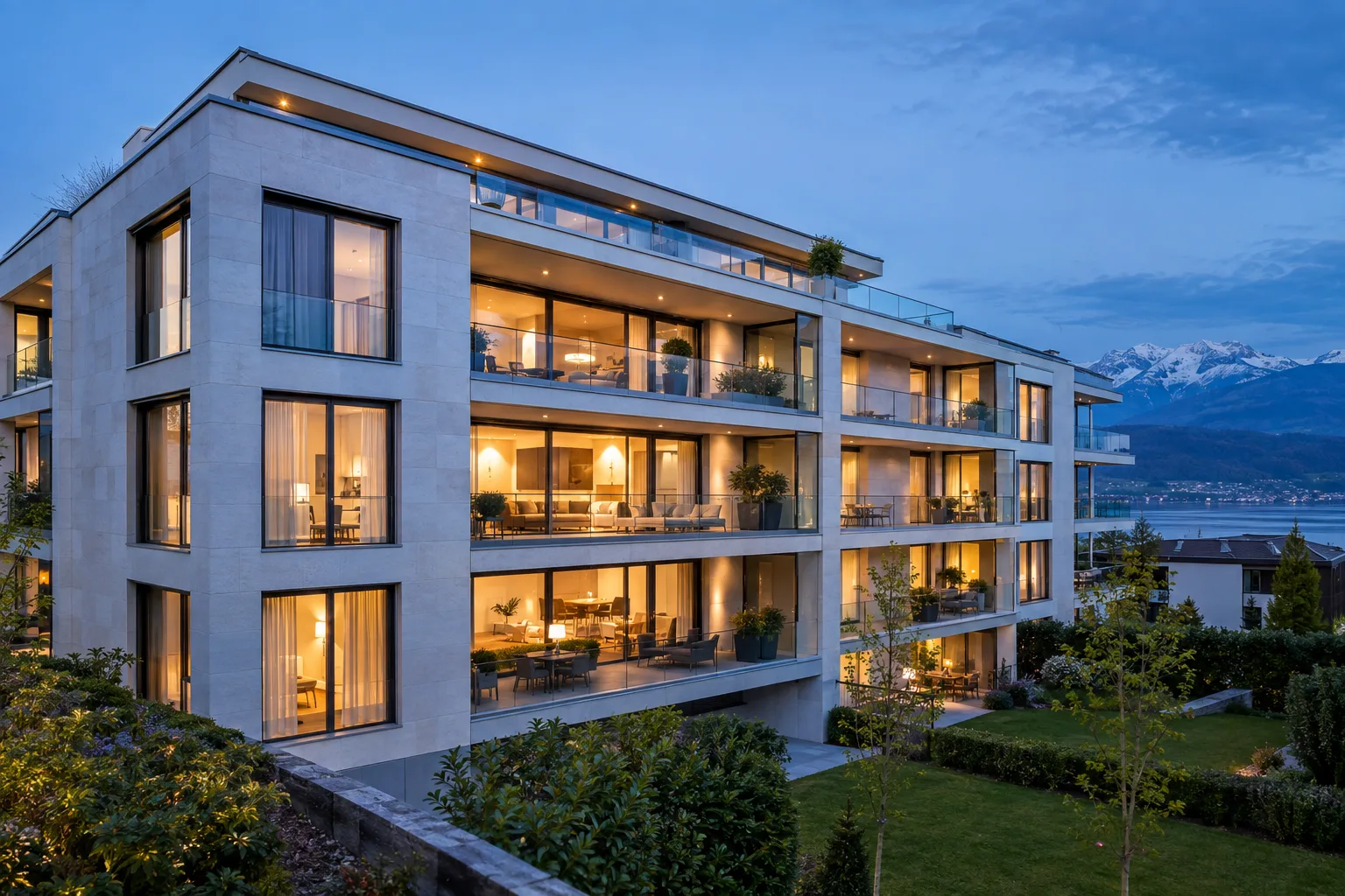 Moderne Wohnliegenschaft in der Abenddämmerung