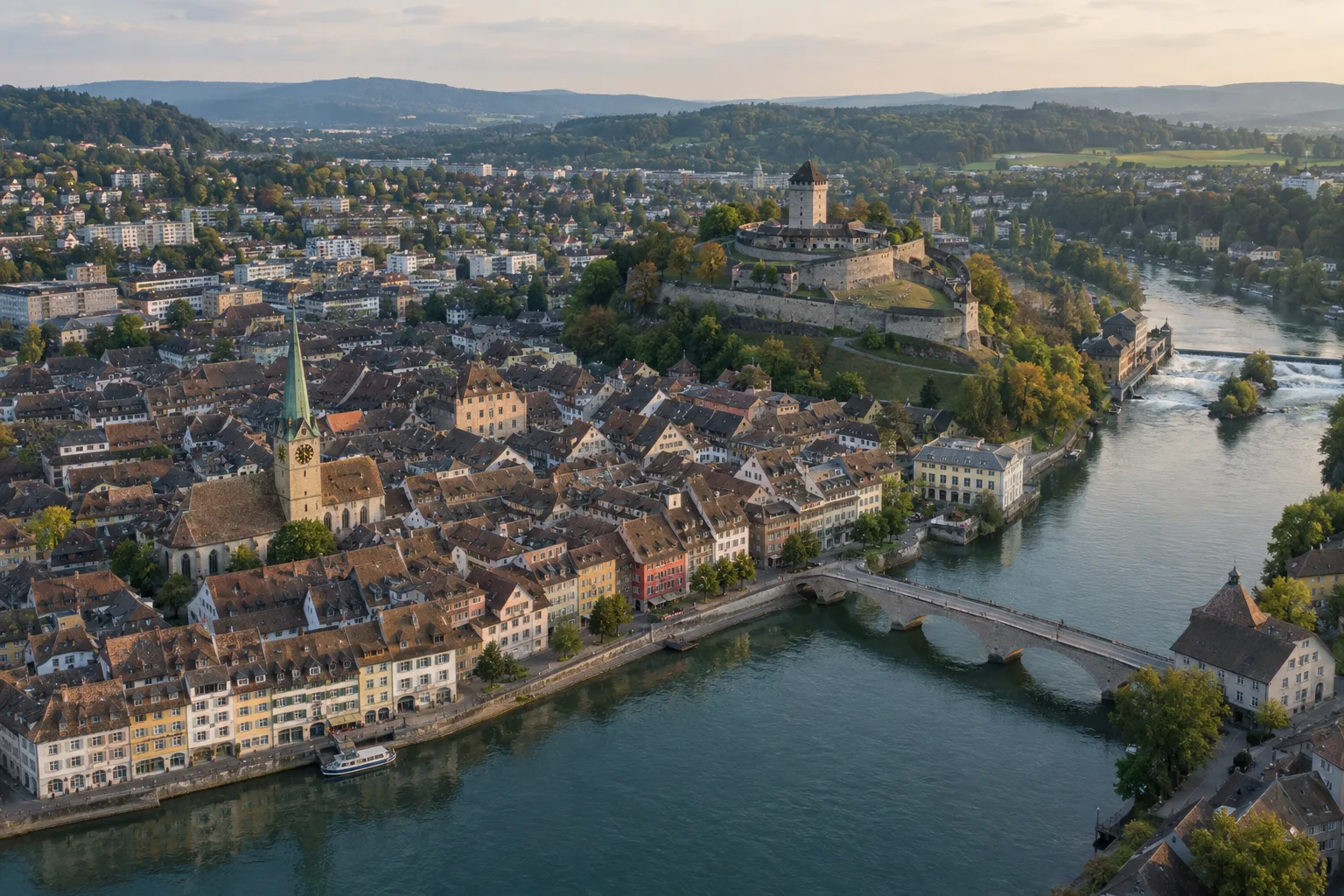 Luftbild der Schaffhauser Altstadt am Rhein